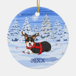 Cute Black Corgi Christmas Reindeer Costume Ceramic Ornament