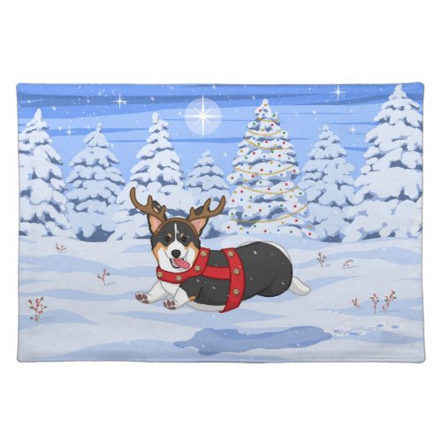 Cute Black Corgi Christmas Reindeer Costume Cloth Placemat