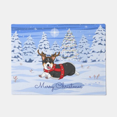 Cute Black Corgi Christmas Reindeer Costume Doormat
