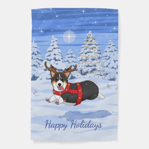 Cute Black Corgi Christmas Reindeer Costume Garden Flag