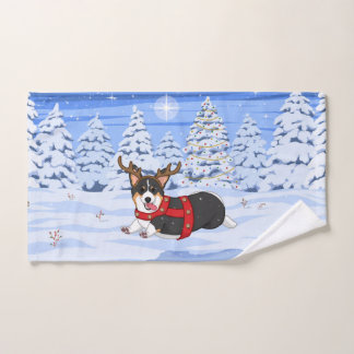 Cute Black Corgi Christmas Reindeer Costume Hand Towel