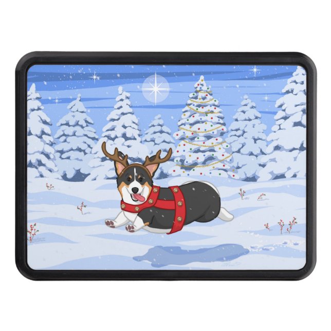 Cute Black Corgi Christmas Reindeer Costume Hitch Cover (Front)