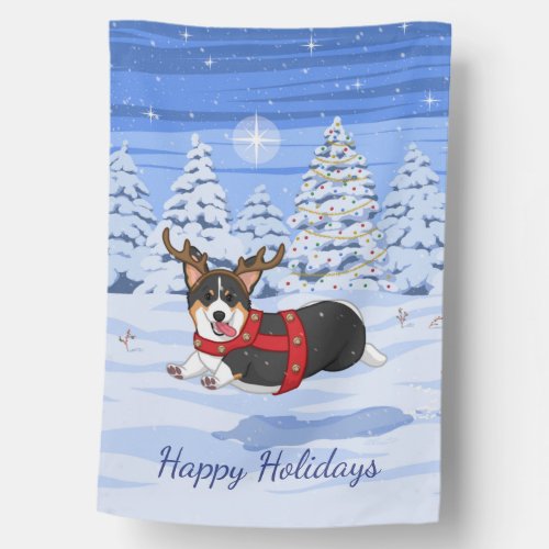 Cute Black Corgi Christmas Reindeer Costume House Flag