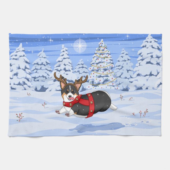 Cute Black Corgi Christmas Reindeer Costume Kitchen Towel (Horizontal)