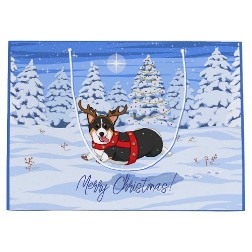 Cute Black Corgi Christmas Reindeer Costume Large Gift Bag