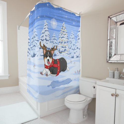 Cute Black Corgi Christmas Reindeer Costume Shower Curtain