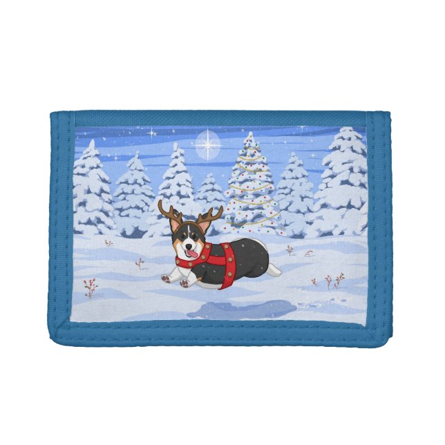 Cute Black Corgi Christmas Reindeer Costume Trifold Wallet (Front)