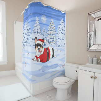 Cute Black Corgi in Christmas Santa Costume Shower Curtain
