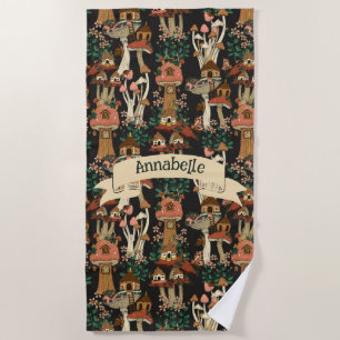 Cute Black Cottage Core Floral Mushroom Pattern Beach Towel