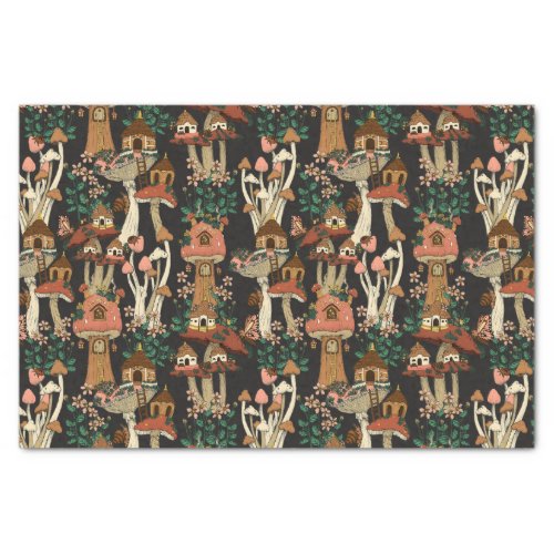 Cute Black Cottage Core Floral Mushroom Pattern Tissue Paper