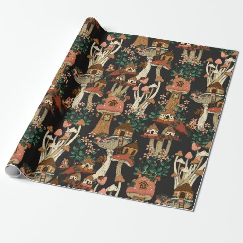 Cute Black Cottage Core Floral Mushroom Pattern Wrapping Paper