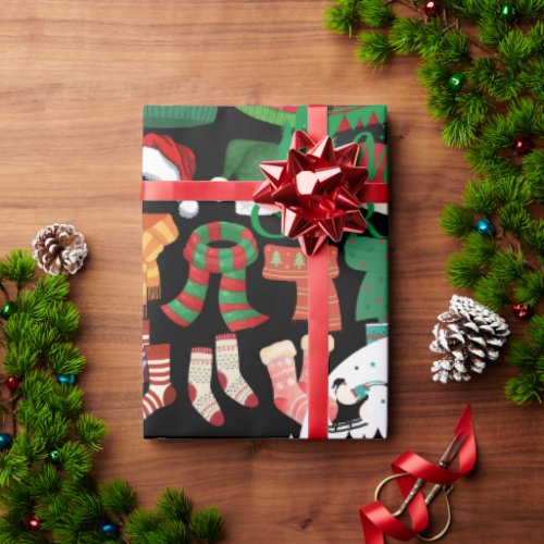 Cute black Cozy Christmas Hats Scarves & Socks Wrapping Paper