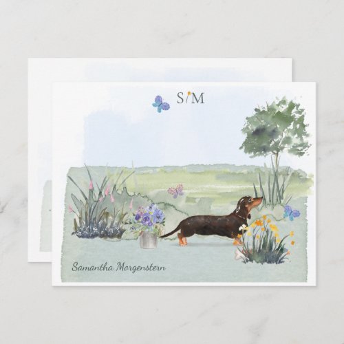 Cute Black Dachshund Dog Butterfly Monogram Name  Note Card