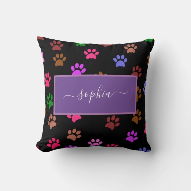 Cute Black Dog and Cat Lovers Paw Prints Throw Pillow (Front)