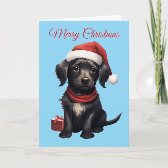 Cute Black Dog at Christmas Holiday Card (Front)