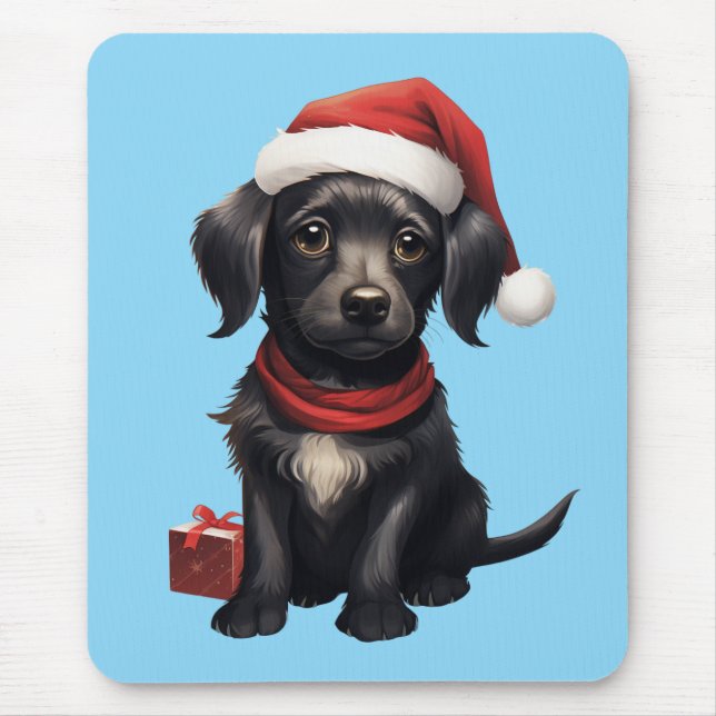 Cute Black Dog at Christmas Mouse Pad (Front)