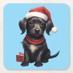 Cute Black Dog at Christmas Square Paper Coaster