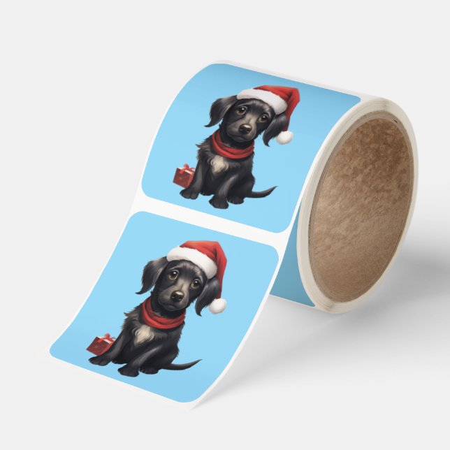 Cute Black Dog at Christmas Square Sticker (Roll)