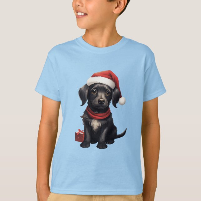 Cute Black Dog at Christmas T-Shirt (Front)