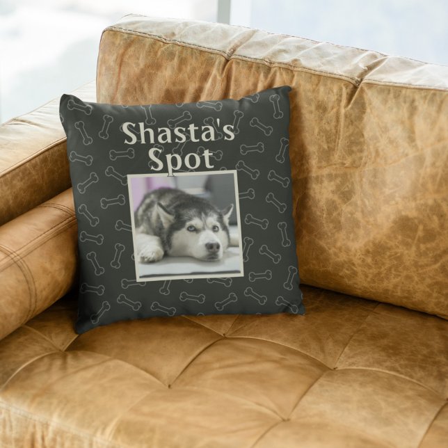 Cute Black Dog Custom Pet Photo Name Bones Throw Pillow (Creator Uploaded)