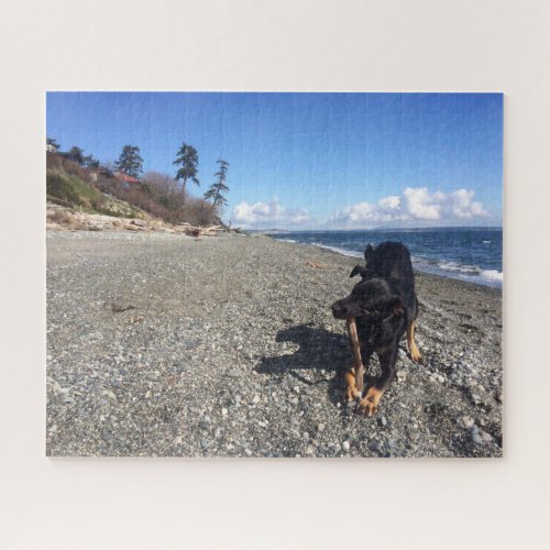 Cute Black Dog Lab Shepherd Picture Photo Beach Jigsaw Puzzle