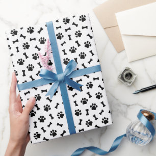 Cute Black Dog Paw Prints & Bones Wrapping Paper