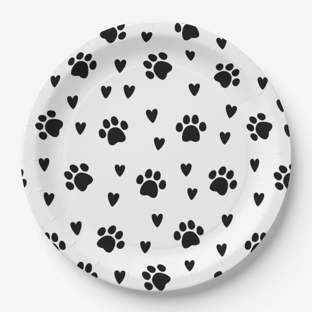 Cute Black Dog Paw Prints & Hearts Paper Plates (Front)
