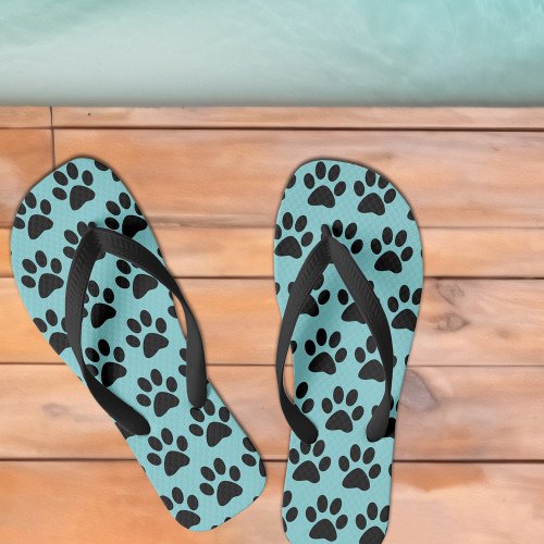 Cute Black Dog Paw Prints Pattern Fun Teal Modern Flip Flops