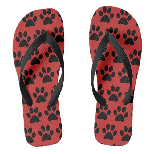 Cute Black Dog Paw Prints Red Black  Flip Flops