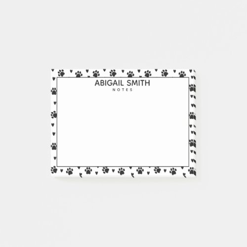 Cute Black Dog Paws and Hearts _ Personalized Post_it Notes