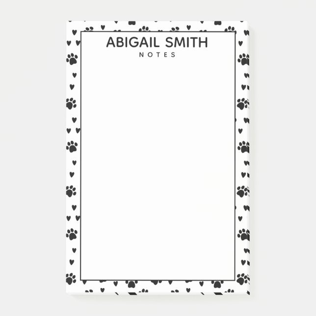 Cute Black Dog Paws and Hearts - Personalized Post-it Notes (Front)