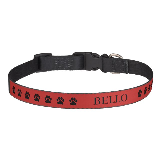 Cute black dog paws feet red monogram name pet collar (Front)