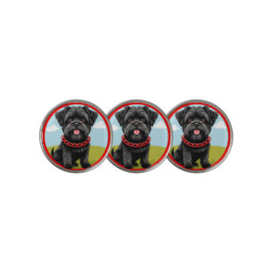 Cute Black Dog With Red Collar in Cartoon Style Golf Ball Marker