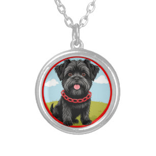 Cute Black Dog With Red Collar in Cartoon Style Silver Plated Necklace