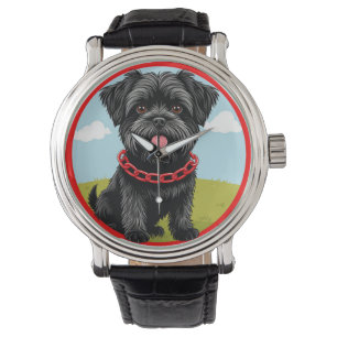 Cute Black Dog With Red Collar in Cartoon Style Watch
