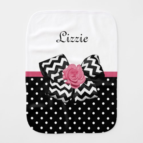 Cute Black Dots Pink Rose Chevron Bow and Name Baby Burp Cloth