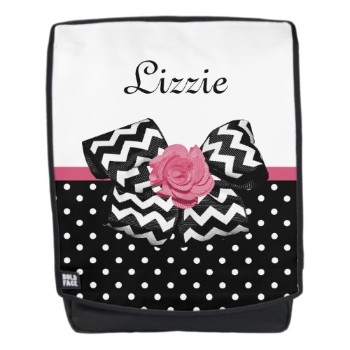 Cute Black Dots Pink Rose Chevron Bow and Name Backpack