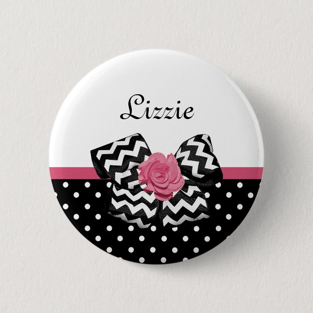 Cute Black Dots Pink Rose Chevron Bow and Name Button (Front)