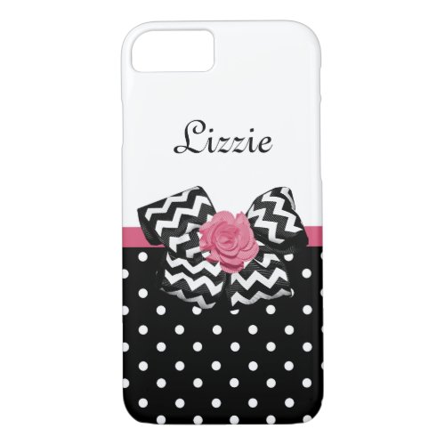 Cute Black Dots Pink Rose Chevron Bow and Name iPhone 87 Case