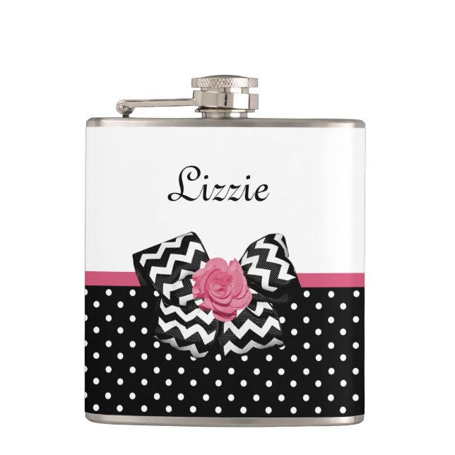 Cute Black Dots Pink Rose Chevron Bow and Name Flask (Front)