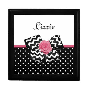 Cute Black Dots Pink Rose Chevron Bow and Name Gift Box