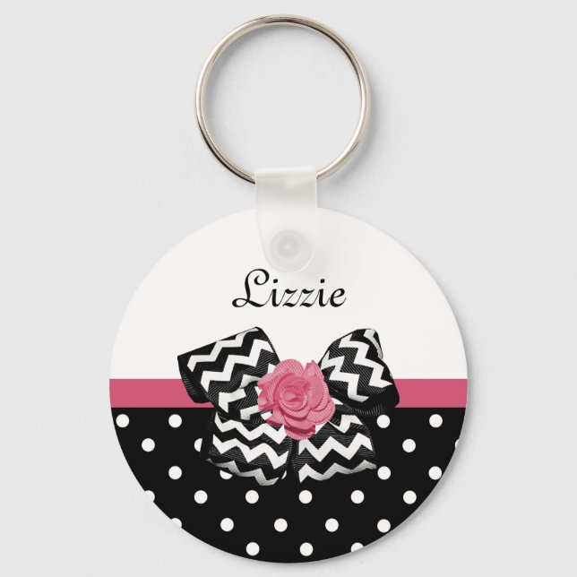 Cute Black Dots Pink Rose Chevron Bow and Name Keychain (Front)