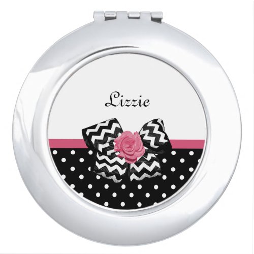 Cute Black Dots Pink Rose Chevron Bow and Name Makeup Mirror