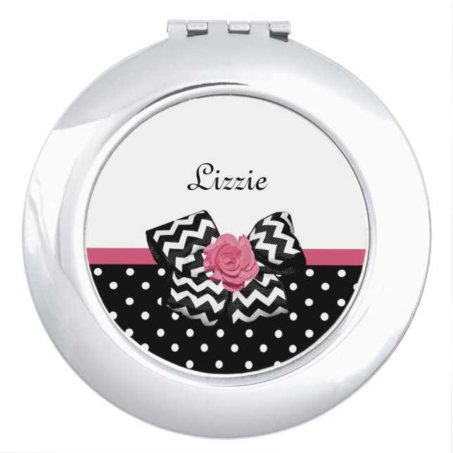 Cute Black Dots Pink Rose Chevron Bow and Name Makeup Mirror (Front)