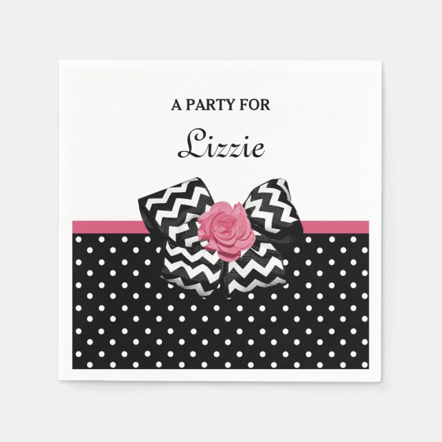 Cute Black Dots Pink Rose Chevron Bow and Name Napkins (Front)