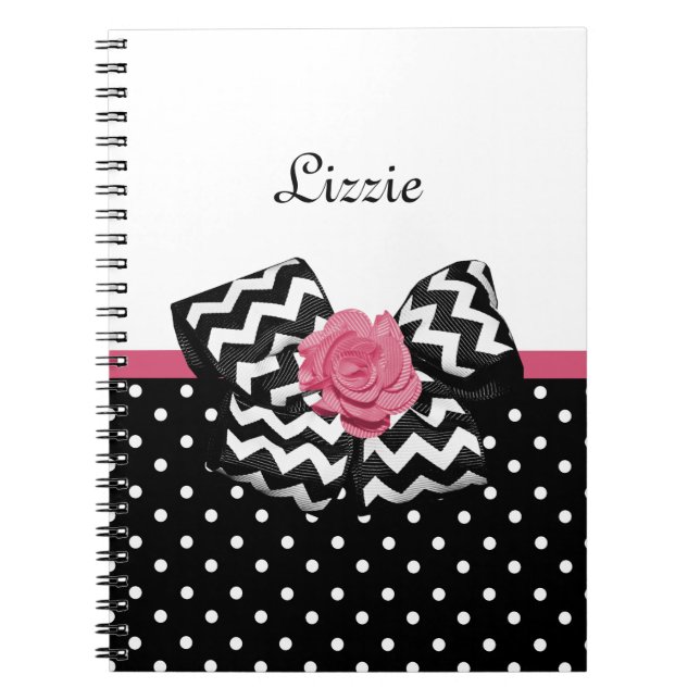 Cute Black Dots Pink Rose Chevron Bow and Name Notebook (Front)