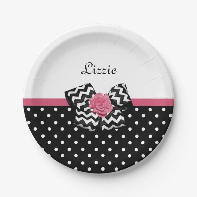 Cute Black Dots Pink Rose Chevron Bow and Name Paper Plates (Front)