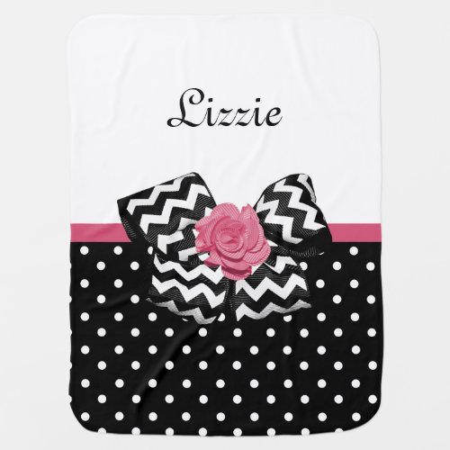Cute Black Dots Pink Rose Chevron Bow and Name Stroller Blanket