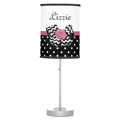 Cute Black Dots Pink Rose Chevron Bow and Name Table Lamp