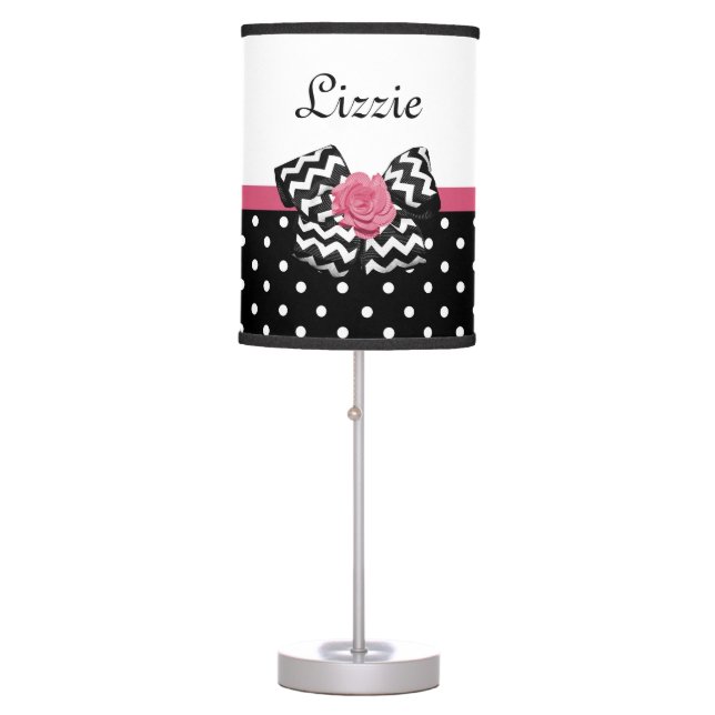 Cute Black Dots Pink Rose Chevron Bow and Name Table Lamp (Front)